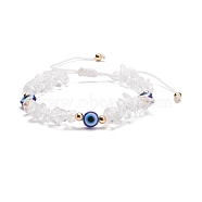 Natural Quartz Crystal Chips & Resin Evil Eye Braided Bead Bracelet, Gemstone Adjustable Bracelet for Women, Inner Diameter: 2~3-1/2 inch(5~9cm)(BJEW-JB08495-06)
