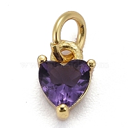 Brass Micro Pave Cubic Zirconia Charms, Long-Lasting Plated, Real 18K Gold Plated, Heart, Medium Purple, 8x5x3.5mm, Hole: 3mm(X-KK-P192-08-G03)