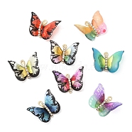 Transparent Resin Pendants, Butterfly Charms with Golden Plated Alloy Crystal Rhinestone Findings, Mixed Color, 17~17.5x21~24x6~7mm, Hole: 1.4mm(PALLOY-K011-03G)