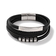 Men's Braided Black PU Leather Cord Multi-Strand Bracelets, Rectangle 304 Stainless Steel Link Bracelets with Magnetic Clasps, Stainless Steel Color, 8-5/8 inch(21.8cm)(BJEW-K243-08P)