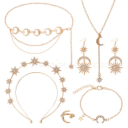 Moon & Star & Sun Rhinestone Jewelry Set, Alloy Dangle Earrings & Chain Belt & Open Cuff Rings & Charm Bracelet & Cable Chains Lariat Necklace & Layer Hair Bands, Golden, 169mm(SJEW-AN0001-53)