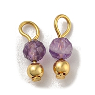 Natural Amethyst Faceted Round Charms, with Golden Tone Brass Beads and 304 Stainless Steel Loops, 12x4mm, Hole: 2.5mm(PALLOY-NH00004)