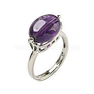 Oval Natural Amethyst Adjustable Rings, Platinum Plated Brass Ring for Unisex, Purple, Inner Diameter: 17mm(RJEW-C087-04P-03)