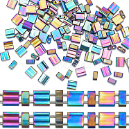 210Pcs 2 Style Glass Seed Beads, 2-Hole, Rectangle, Rainbow Plated, 4.5~5.5x2~5.5x2~2.5mm, Hole: 0.5~0.8mm(SEED-CN0001-30)