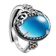 SHEGRACE 925 Sterling Silver Adjustable Rings, with Grade AAA Cubic Zirconia, Oval with Flower, Antique Silver, Deep Sky Blue, US Size 9, Inner Diameter: 19mm(JR829H)