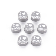Handmade Polymer Clay Beads, Mother's Day Theme, Flat Round with Word I Love MOM, Light Grey, 8~9.5x3.5~4.5mm, Hole: 1.5mm(X1-CLAY-T019-11F)
