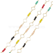 Handmade Round Brass Chains, with Glass Beads and Spool, Soldered, Long-Lasting Plated, Rhombus, Golden, Colorful, 3x2.5mm, 32.8 Feet(10m)/roll(CHC-K011-16G)