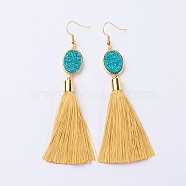 Ice Silk Thread Tassel Dangle Earrings, with Electroplated Natural Druzy Quartz Crystal and Brass Earring Hooks, Golden, Gold, 98mm, Pin: 0.6mmg, Pendant: 80x14x7mm(EJEW-P142-B02)