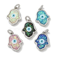 Rack Plating Brass Pendants, with Resin Imitation Opal & Glitter, Long-Lasting Plated, Lead Free & Cadmium Free,Hamsa Hand with Evil Eye, Mixed Color, 19.5x14.5x5mm, Hole: 3mm(KK-Q009-05P-01)