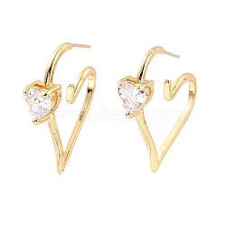 Clear Cubic Zirconia Heart Stud Earrings, Brass Half Hoop Earrings for Women, Cadmium Free & Lead Free, Real 18K Gold Plated, 29x34x7mm, Pin: 0.6mm(EJEW-C023-01G)
