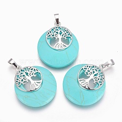 Synthetic Turquoise Pendants, with Platinum Tone Brass Findings, Flat Round with Tree of Life, Dyed, 32.5~33x27.5~28x5~6mm, Hole: 5x7mm(G-F573-C07)
