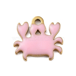 Ion Plating(IP) 201 Stainless Steel Charms, with Enamel, Real 18K Gold Plated, Sea Animal, Crab Charm, Pink, 11x12x1.3mm, Hole: 1.4mm(STAS-A101-01A-03G)