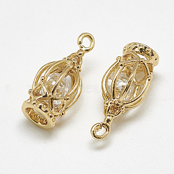 Brass Charms, with Cubic Zirconia, Hollow, Birdcage, Clear, Real 18K Gold Plated, 15x7.5x7.5mm, Hole: 1.5mm(X-KK-S347-068)