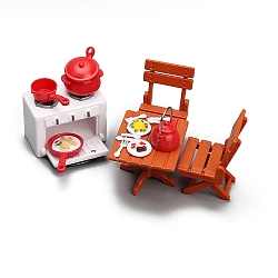 Plastic Table & Chairs & Stove Furniture Set Model, Micro Landscape Dollhouse Accessories, Pretending Prop Decorations, Red, Package Size: 83x48x152mm(PW-WGAFC70-01)