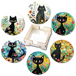 Cat Pattern Wooden Cup Coasters, Drink Mat, for Home Kitchen, Flat Round, 100x100mm, 6pcs/set(PW-WGCEA00-02)