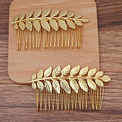 Iron Hair Comb Findings, Leaf, Golden, 32x89mm(OHAR-PW0001-412G)