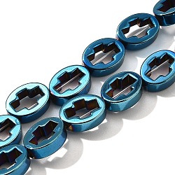 Electroplated Synthetic Non-magnetic Hematite Beads Strands, Oval with Cross, Blue Plated, 8x6x2.5mm, Hole: 0.6mm, about 49pcs/strand, 15.35''(39cm)(G-L613-Z01-01A)