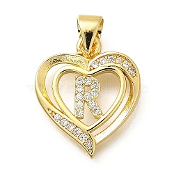 Rack Plating Brass Micro Pave Cubic Zirconia Pendants, Long-Lasting Plated, Lead Free & Cadmium Free,Real 18K Gold Plated, Heart with Letter Charms, Letter R, 17.5x15x2.5mm, Hole: 5x3mm(KK-L226-101G-R)