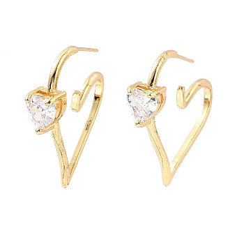 Clear Cubic Zirconia Heart Stud Earrings, Brass Half Hoop Earrings for Women, Cadmium Free & Lead Free, Real 18K Gold Plated, 29x34x7mm, Pin: 0.6mm