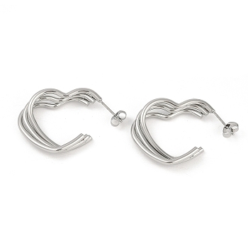 201 Stainless Steel Split Stud Earrings for Women, with 304 Stainless Steel Pins, Heart, Stainless Steel Color, 24x7mm