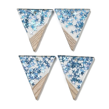 Wooden Pendants, Resin and Gold Foil, Triangle, Deep Sky Blue, 36.5x31x4mm, Hole: 2mm