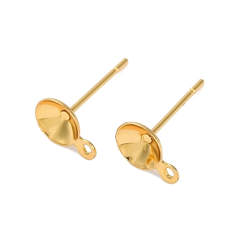 304 Stainless Steel Stud Earring Findings, Flat Round Earring Settings with Loop, Real 18K Gold Plated, 8.5x6x11.5mm, Hole: 1mm, Pin: 0.7mm