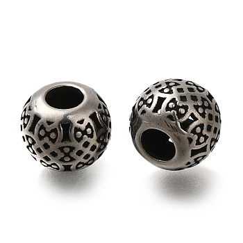 304 Stainless Steel European Beads, Large Hole Beads, Round with Flower, Antique Silver, 9.5x8mm, Hole: 4mm