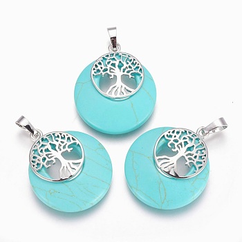 Synthetic Turquoise Pendants, with Platinum Tone Brass Findings, Flat Round with Tree of Life, Dyed, 32.5~33x27.5~28x5~6mm, Hole: 5x7mm