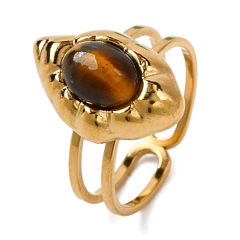 Oval Natural Tiger Eye Finger Rings, Horse Eye Golden Tone 304 Stainless Steel Cuff Rings for Women, Horse Eye: 17x11mm, Inner Diameter: Adjustable