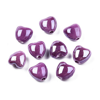 Pearlized Handmade Porcelain Beads, Heart, Purple, 10x10x7mm, Hole: 1.8mm