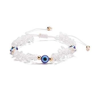 Natural Quartz Crystal Chips & Resin Evil Eye Braided Bead Bracelet, Gemstone Adjustable Bracelet for Women, Inner Diameter: 2~3-1/2 inch(5~9cm)