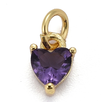 Brass Micro Pave Cubic Zirconia Charms, Long-Lasting Plated, Real 18K Gold Plated, Heart, Medium Purple, 8x5x3.5mm, Hole: 3mm