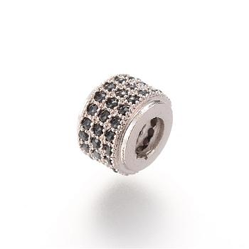 Brass Micro Pave Cubic Zirconia Beads, Column, Platinum, 9x6.6mm