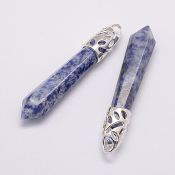 Natural Blue Spot Jasper Big Pointed Pendants, with Alloy Findings, Bullet, Platinum, 57~63x13x10mm, Hole: 3x4mm