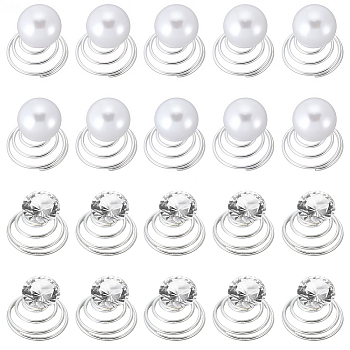 40Pcs 2 Styles Spiral Hair Pin Coil Iron Hair Accessories, with ABS Imitation Pearl/Rhinestone, Platinum, 11~16x13.5mm, 30pcs/style