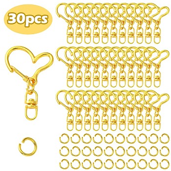 Alloy Heart Lobster Clasps, Keychain Clasp Findings, with Double Ended Swivel Eye Hook and Iron Jump Rings, Golden, 40x24x8.5mm, Jump Ring: 8x1.2mm