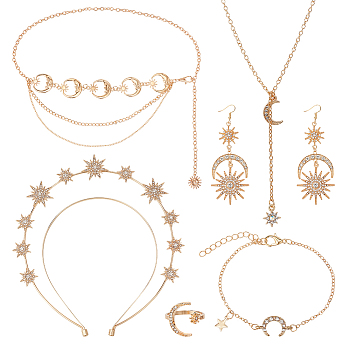 Moon & Star & Sun Rhinestone Jewelry Set, Alloy Dangle Earrings & Chain Belt & Open Cuff Rings & Charm Bracelet & Cable Chains Lariat Necklace & Layer Hair Bands, Golden, 169mm