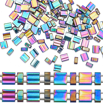 210Pcs 2 Style Glass Seed Beads, 2-Hole, Rectangle, Rainbow Plated, 4.5~5.5x2~5.5x2~2.5mm, Hole: 0.5~0.8mm