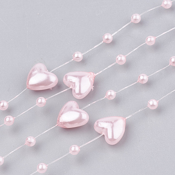 ABS Plastic Imitation Pearl Beaded Trim Garland Strand, Great for Door Curtain, Wedding Decoration DIY Material, Heart and Round, Pink, 9x9mm and 3mm, about 60m/roll