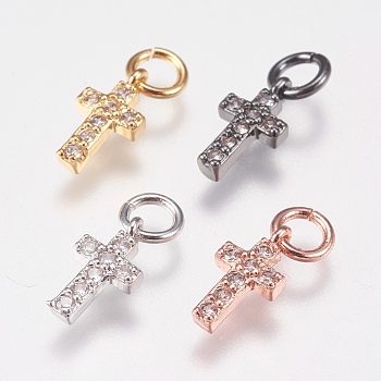 Brass Micro Pave Cubic Zirconia Tiny Cross Charms, Mixed Color, 9x5x1.5mm, Hole: 2mm