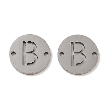 201 Stainless Steel Hollow Flat Round Links, Letter Connector Charms, Stainless Steel Color, Letter B, 12x1mm, Hole: 1.2mm