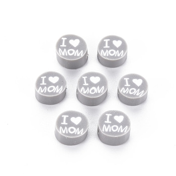 Handmade Polymer Clay Beads, Mother's Day Theme, Flat Round with Word I Love MOM, Light Grey, 8~9.5x3.5~4.5mm, Hole: 1.5mm