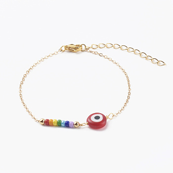 Evil Eye Lampwork Beaded Bracelets, with Round Glass Seed Beads and Brass Cable Chains, Golden, Red, 7-1/4 inch(18.5cm)