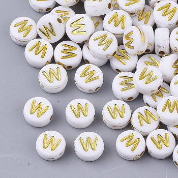 Plating Acrylic Beads, Golden Metal Enlaced, Horizontal Hole, Flat Round with Alphabet, White, Letter.W, 7x3.5mm, Hole: 1.2mm, about 3600pcs/500g