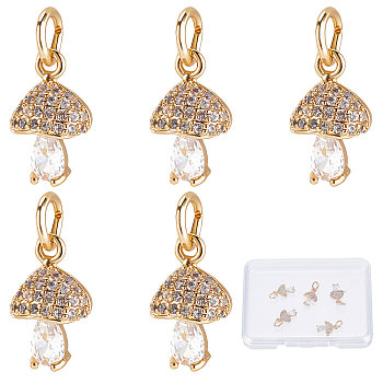 Brass Micro Pave Cubic Zirconia Charms, Mushroom, Real 18K Gold Plated, 11x7.5x4mm, Hole: 3mm, 8pcs/box
