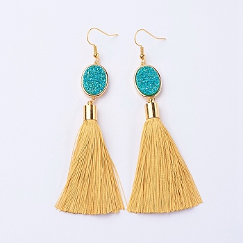 Ice Silk Thread Tassel Dangle Earrings, with Electroplated Natural Druzy Quartz Crystal and Brass Earring Hooks, Golden, Gold, 98mm, Pin: 0.6mmg, Pendant: 80x14x7mm