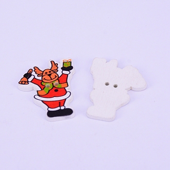 2-Hole Printed Wooden Buttons, for Sewing Crafting, for Christmas, Dyed, Christmas Reindeer with Gift & Jingle Bell, Red, 31.5x25x2.5mm, Hole: 2.5mm
