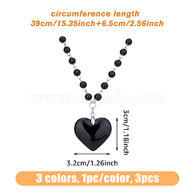 3Pcs 3 Colors Glass Heart Pendant Necklaces Set with Plastic Beaded Chains(NJEW-FI0001-40)-2