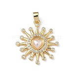 Brass Micro Pave Cubic Zirconia Pendants, with ABS Imitation Pearl Beads, Sun with Heart Charm, Real 18K Gold Plated, 22x20x3.5mm, Hole: 4x2.5mm(KK-F924-13G)