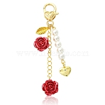 Resin & Alloy & Shell Pearl Pendant Decorations, Flower, with Alloy Lobster Claw Clasps, Golden, 96mm(HJEW-YW00437)